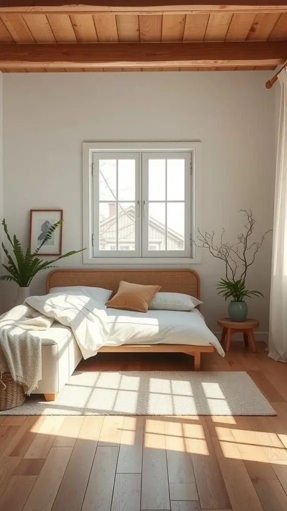 A cozy room featuring neutral tones with a sofa, plants, and warm wooden accents.