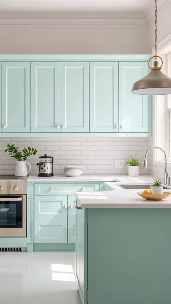 A modern kitchen featuring mint green cabinets, white countertops, and a bright atmosphere.