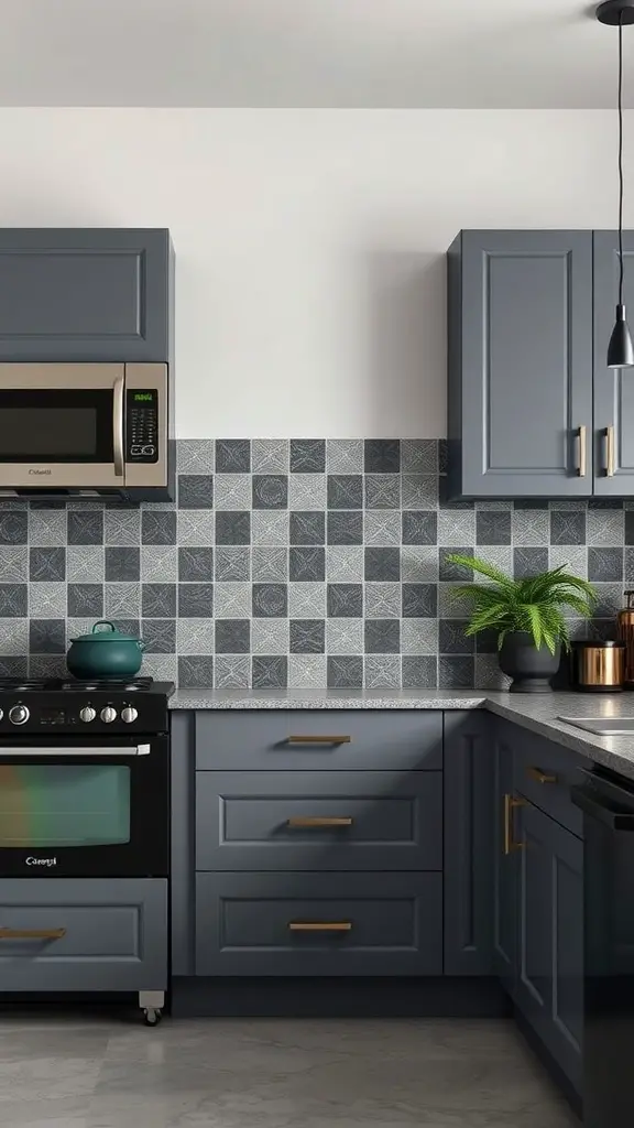 A modern kitchen featuring cool slate gray cabinets, a textured backsplash, and sleek appliances.