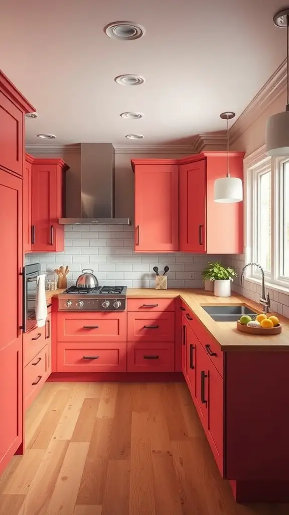 A kitchen featuring coral cabinets with light oak countertops and flooring.