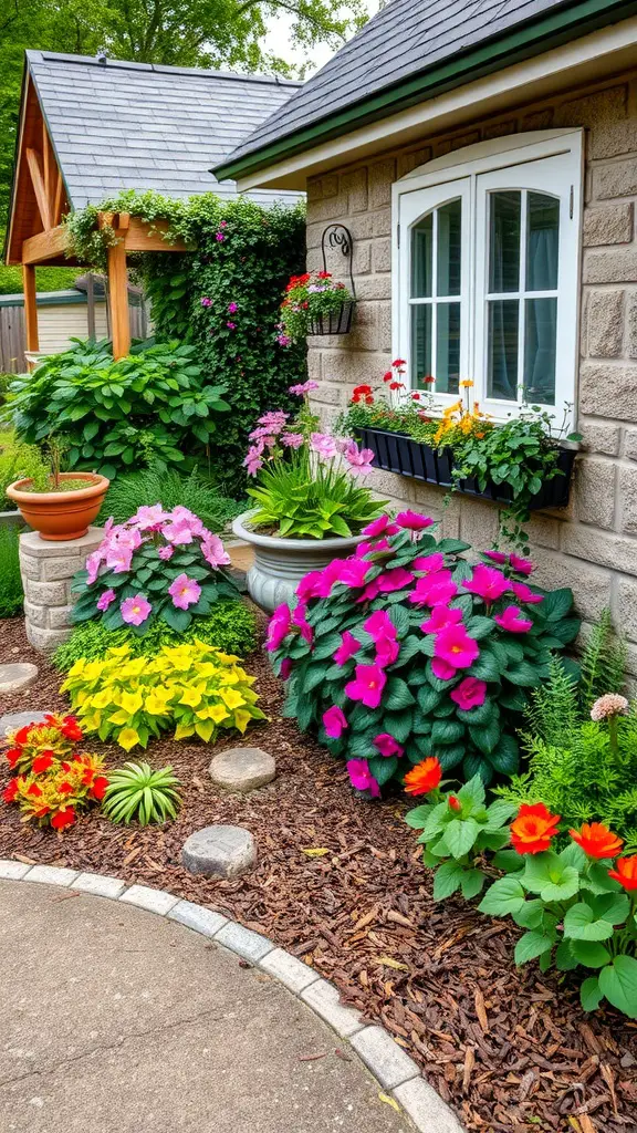21 Creative Mulch Landscaping Ideas to Transform Your Outdoor Space 16 A charming cottage garden with colorful flowers and mulch surrounding the plants