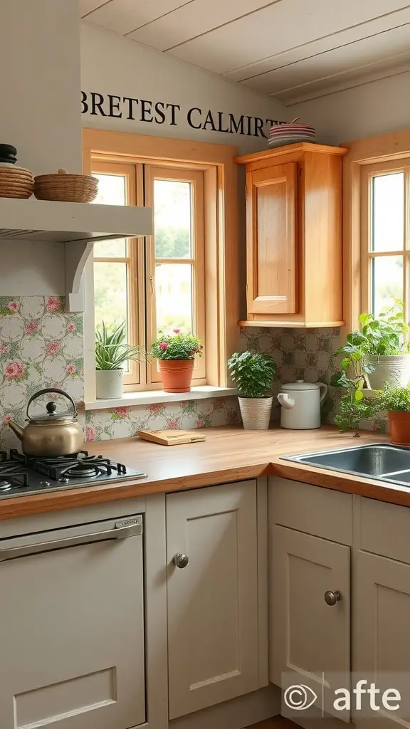 Cottage-inspired kitchen with wooden cabinets, floral wallpaper, and green plants.