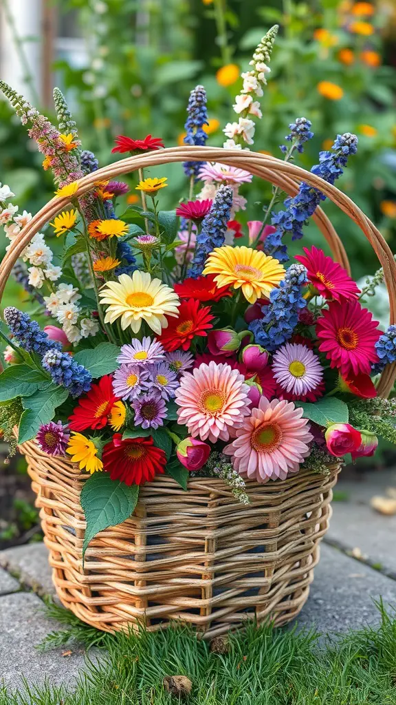 17 Stunning Summer Flower Arrangement Ideas 2 A colorful cottage garden flower arrangement in a wicker basket
