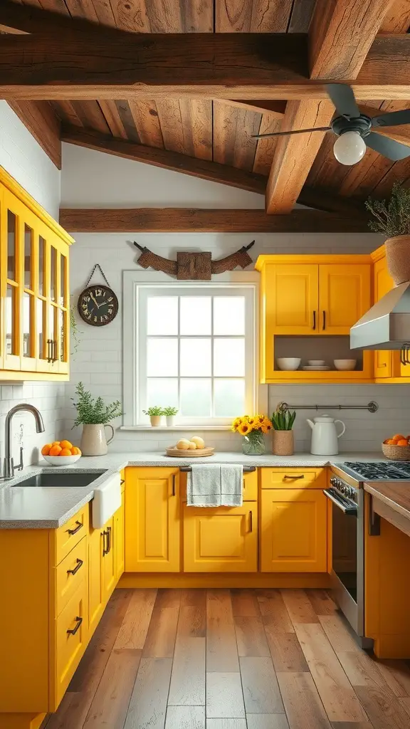 A country-style kitchen featuring soft sunflower yellow cabinets, wooden beams, and natural decor elements.