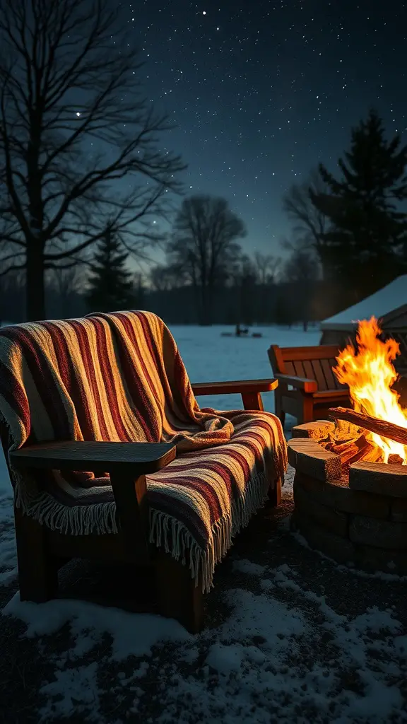 Cozy wooden benches with a colorful blanket near a fire pit on a snowy night.