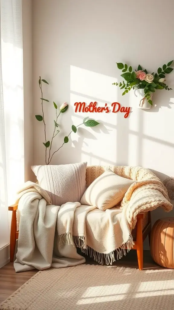 A cozy corner with a blanket and pillows, decorated for Mother's Day