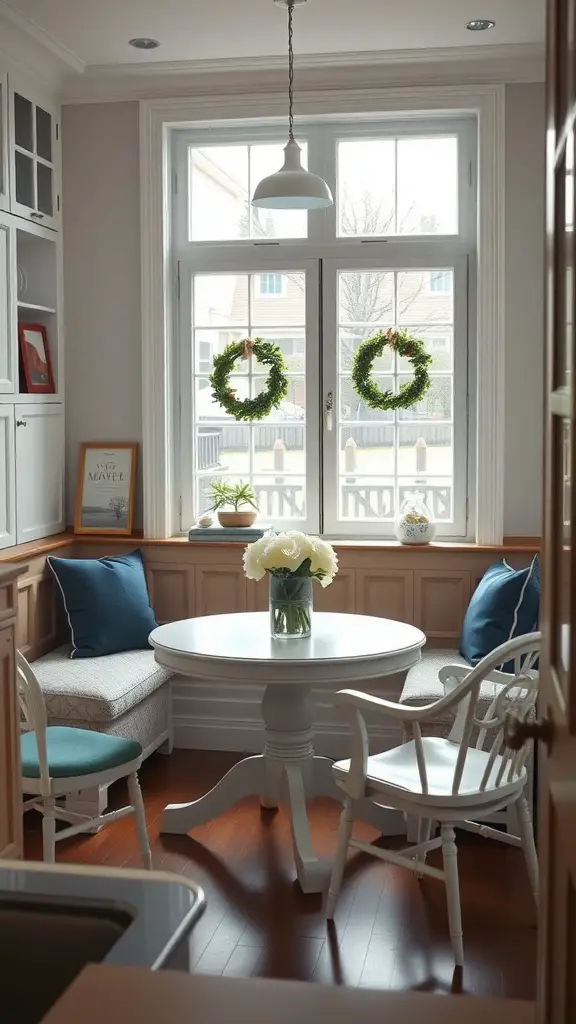 Cozy breakfast nook with blue and white decor, round table, and large windows