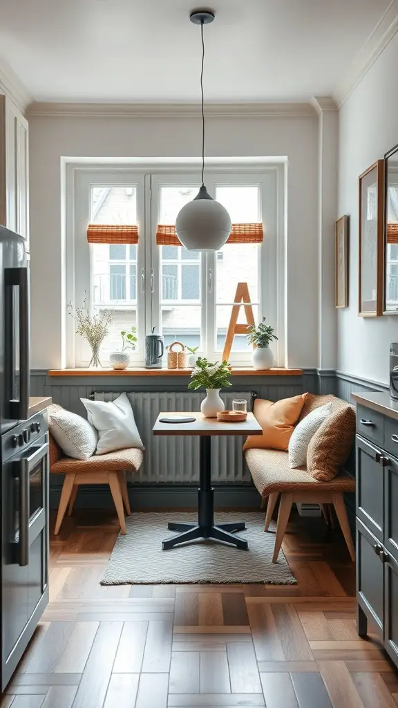 Cozy Scandinavian breakfast nook with window, plants, and comfortable seating.