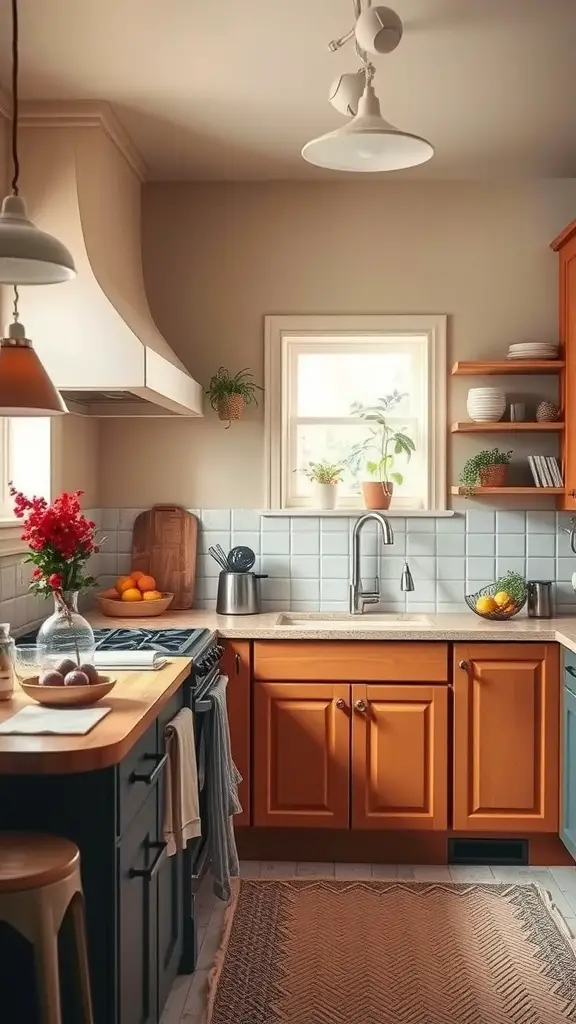 27 Cozy Kitchen Ideas to Warm Up Your Space 8 A cozy kitchen featuring warm orange cabinets, dark blue accents, and a light-filled atmosphere.