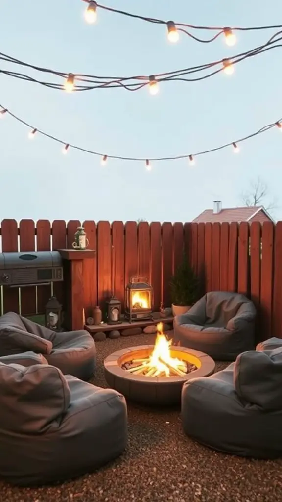 A cozy fire pit nook with bean bag chairs and warm lighting