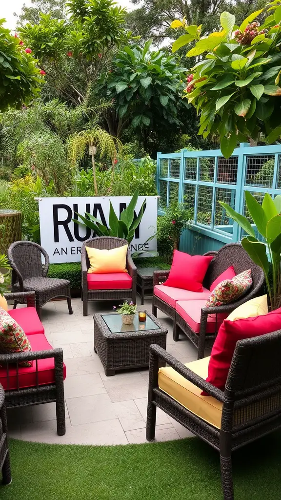 A cozy outdoor seating area with cushions in a garden setting