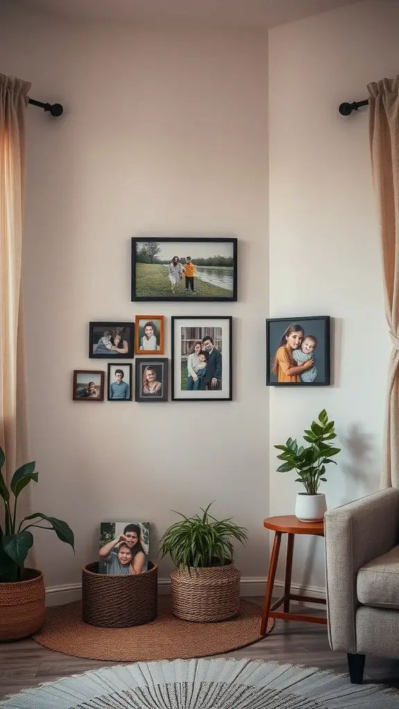 Cozy family photo corner with framed pictures on the wall, a plant, and a chair