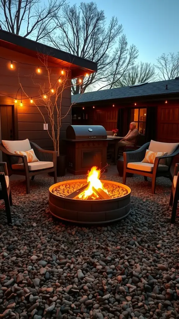 15 Creative Pea Gravel Patio Ideas for Your Outdoor Space 6 Cozy fire pit area with string lights and comfortable seating, surrounded by pea gravel.