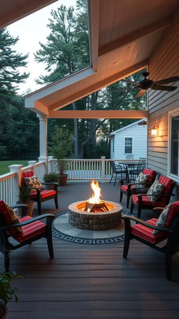 23 Inspiring Summer Porch Decor Ideas for a Vibrant Outdoor Space 16 A cozy fire pit area on a porch with red cushioned chairs, surrounded by greenery and soft lighting.