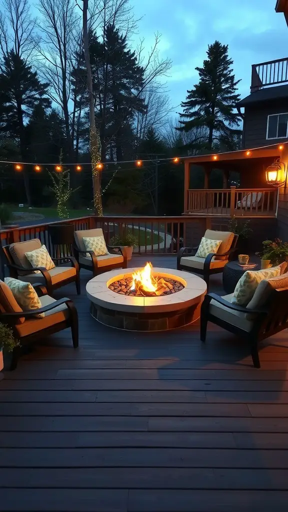 15 Stunning Composite Deck Ideas for Your Outdoor Space 2 Cozy fire pit area on a composite deck with comfortable seating and string lights.