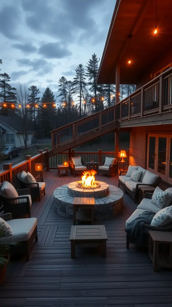 17 Inspiring Multi-Level Deck Ideas for Your Outdoor Space 10 Cozy multi-level deck with a fire pit, comfortable seating, and string lights