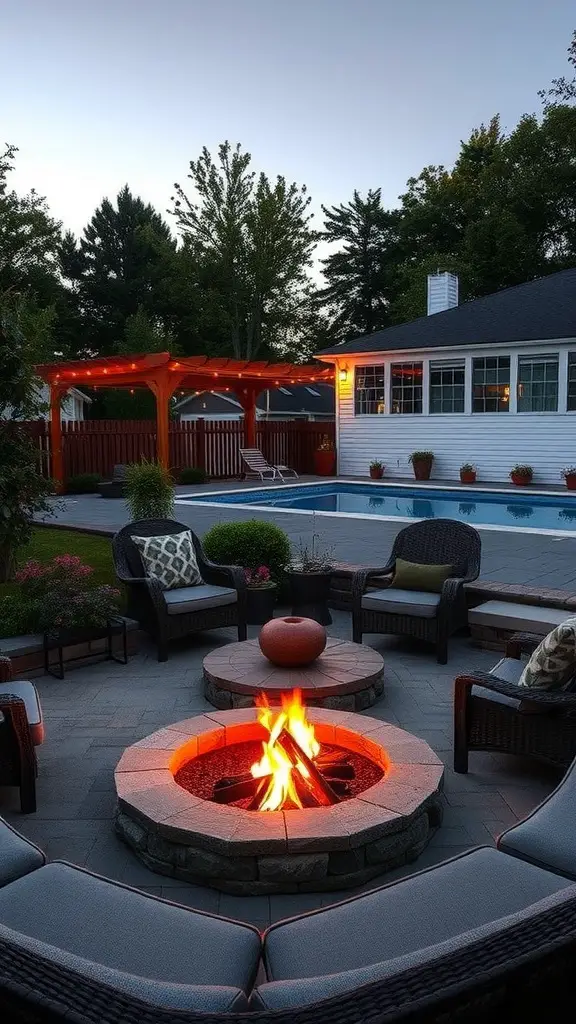 Cozy fire pit surrounded by comfortable seating and a relaxing atmosphere.