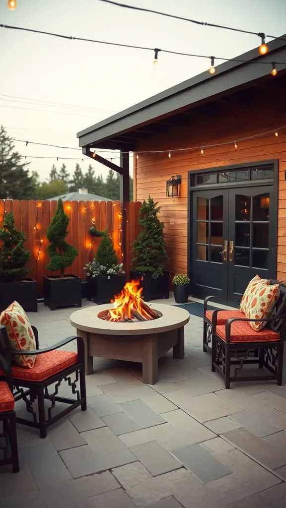 Cozy fire pit setup with seating and string lights in an outdoor patio