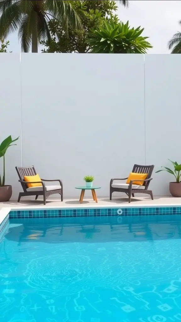 A cozy lounge area beside an above-ground pool with two chairs and a small table.