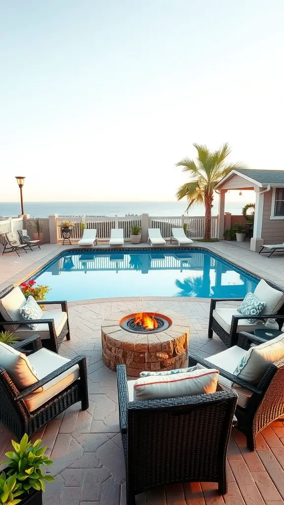 A cozy lounge area with a fire pit by a swimming pool, surrounded by comfortable chairs and a scenic view.