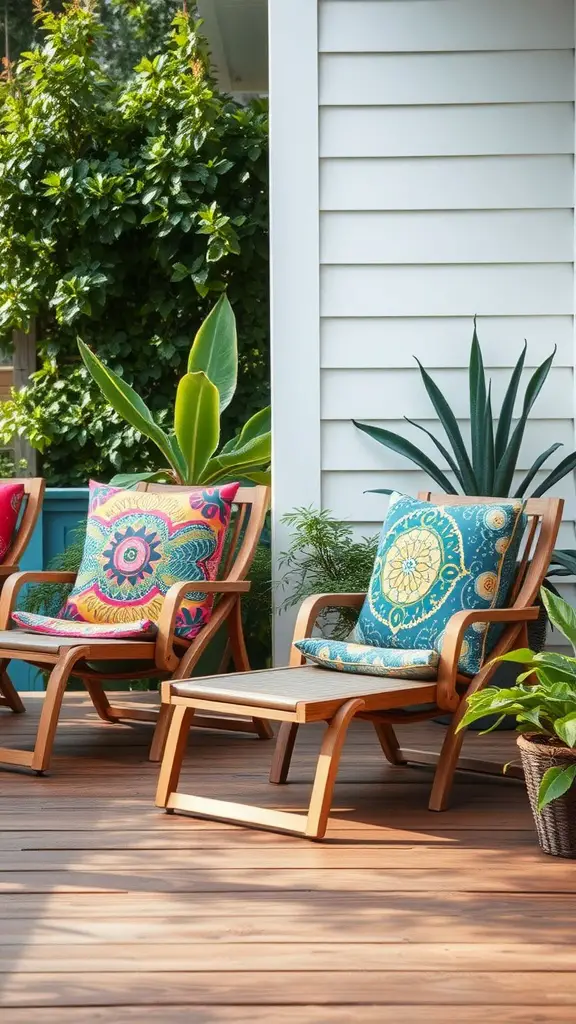 25 Stunning Deck Furniture Ideas for Your Outdoor Oasis 9 Cozy lounge chairs with colorful cushions on a wooden deck surrounded by greenery.