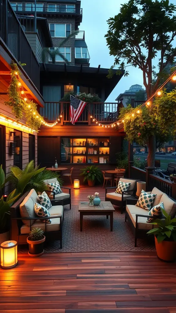 27 Inspiring Outdoor Deck Ideas You'll Love 10 A cozy multi-level deck with comfortable seating, string lights, and potted plants, creating a relaxing outdoor retreat.