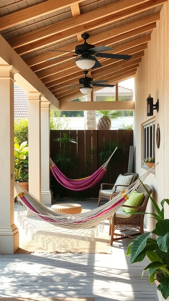 A cozy covered patio with hammocks, comfy chairs, and plants.