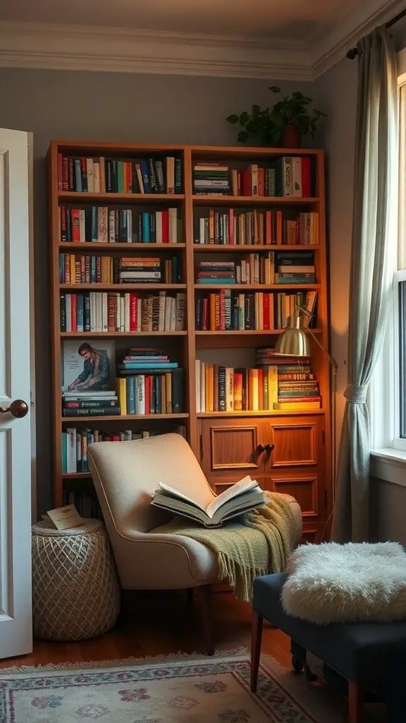 Cozy reading corner with a bookshelf, armchair, and warm lighting