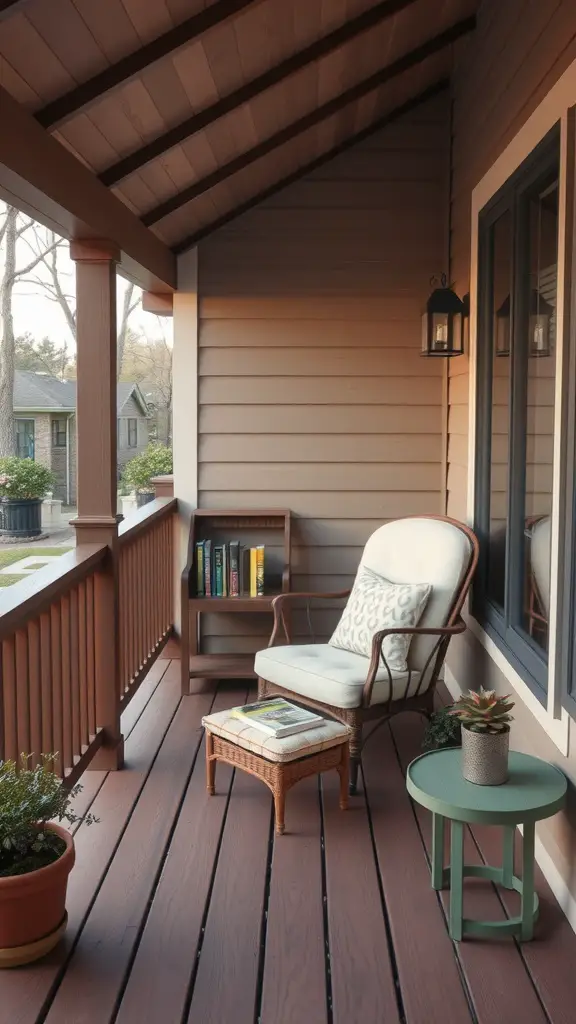 19 Stunning Two-Level Deck Ideas for Your Home 8 A cozy reading nook featuring a comfortable chair, side table, and a bookshelf filled with books.