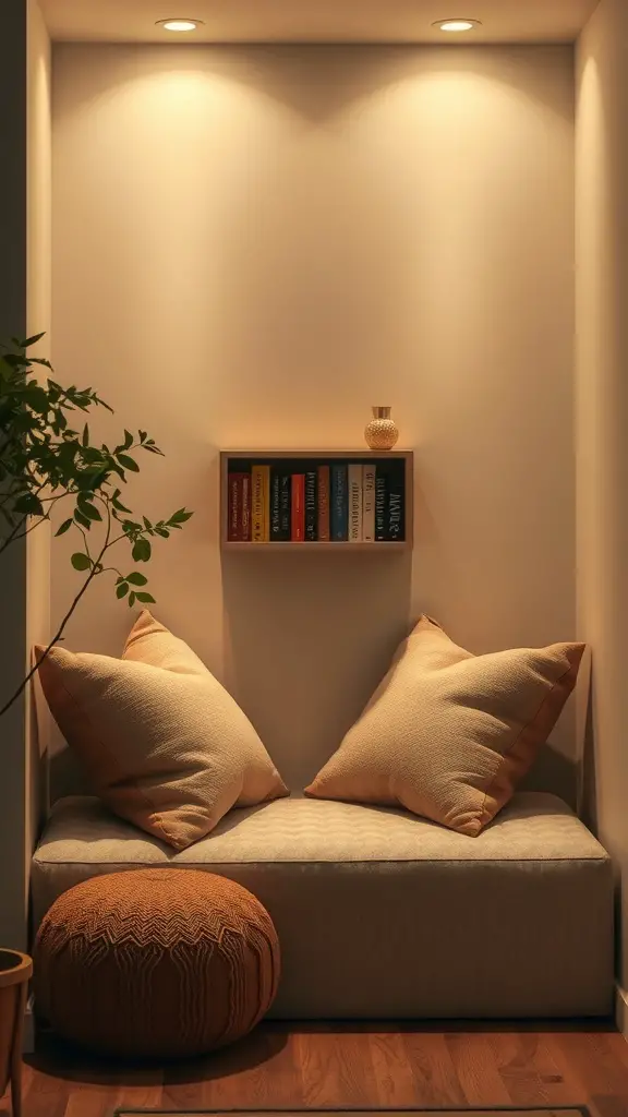 A cozy reading nook with a bench, pillows, and a small bookshelf