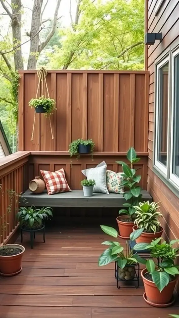 21 Inspiring Small Deck Ideas to Maximize Your Outdoor Space 8 Cozy reading nook with built-in bench and potted plants