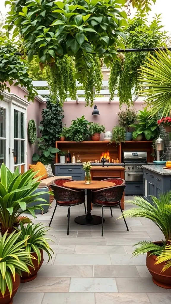 A cozy outdoor kitchen with a round banquette seating area surrounded by lush greenery and a modern kitchen setup.