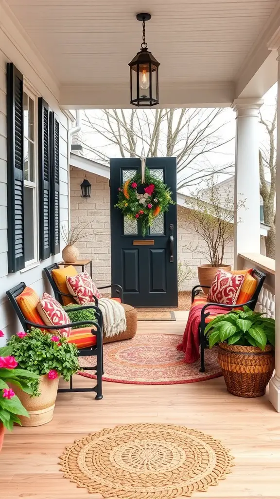 19 Stunning Front Porch Inspiration Ideas for Your Home 7 Cozy seating nook on a front porch with colorful cushions and plants