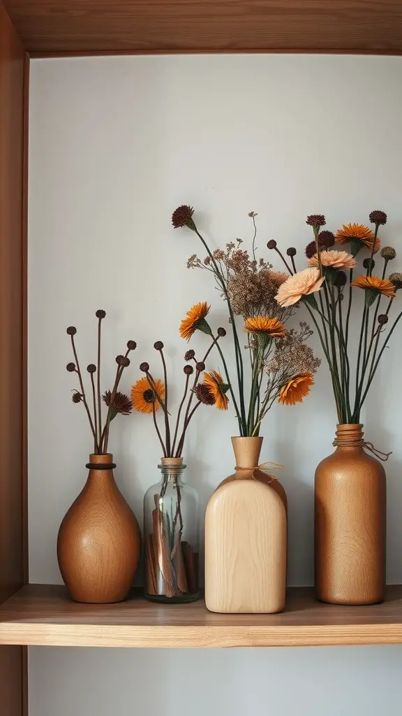 Various crafted wooden vases with dried flowers on a shelf