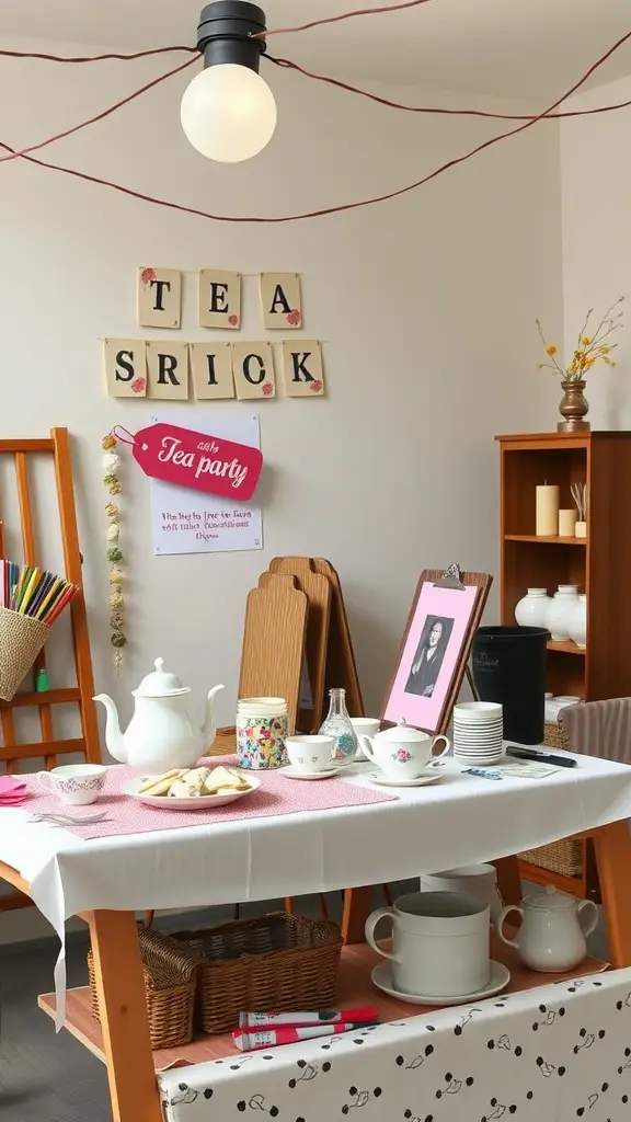 A cozy crafting station for a tea party with a pink tablecloth, a teapot, cookies, and crafting supplies.