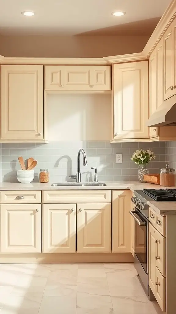 A kitchen with creamy beige cabinets and soft sage accents, featuring natural light and a cozy atmosphere.