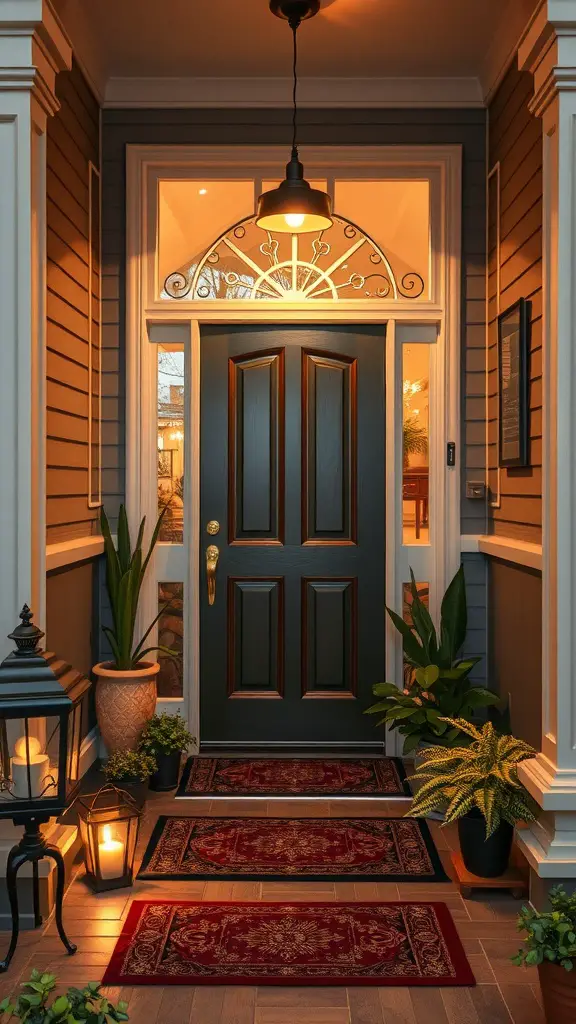 Cozy entryway with a dark front door, hanging light, welcome mats, lanterns, and lush plants.