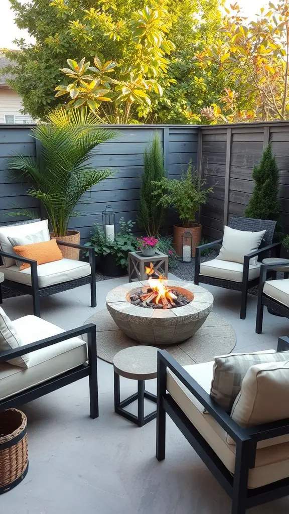 A cozy fire pit area in a small patio garden, featuring comfortable seating, plants, and a circular stone fire pit.