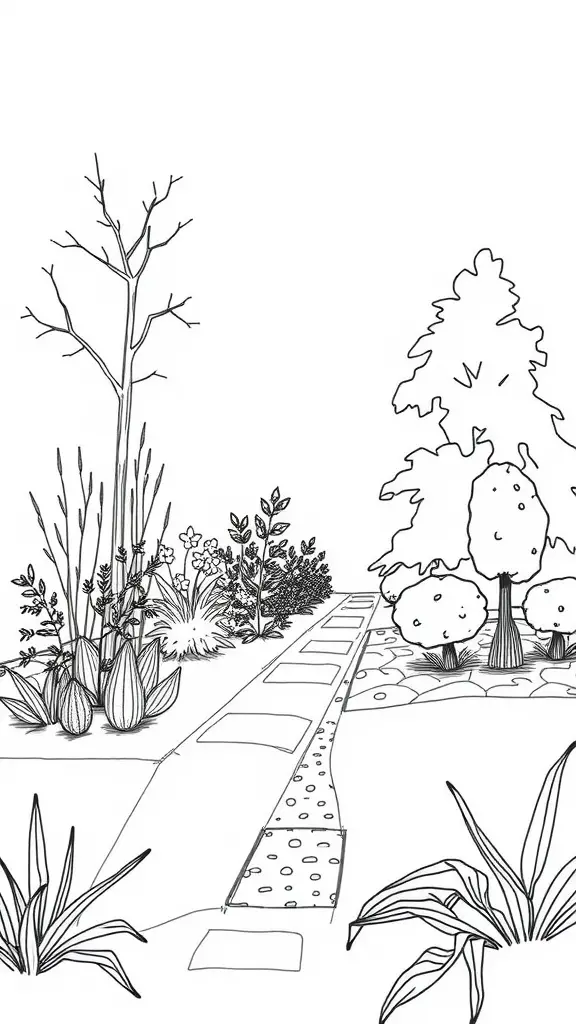 13 Creative Deer Resistant Landscaping Ideas for Your Garden 13 A black and white sketch of a landscaped garden featuring a stone path surrounded by various plants and trees.