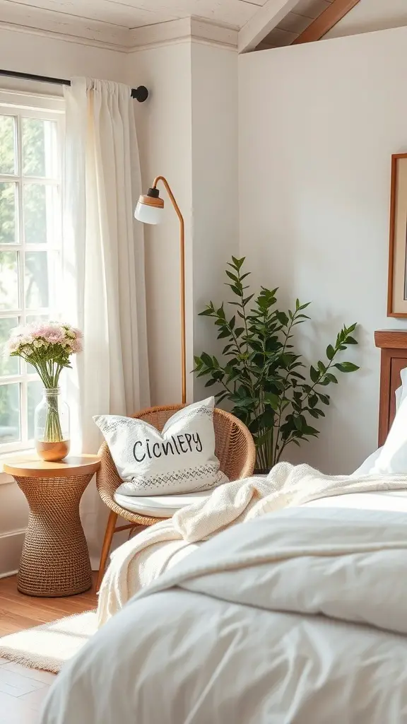 27 Stylish Summer Bedroom Ideas to Refresh Your Space 17 A cozy relaxation nook in a summer bedroom featuring a rattan chair, potted plant, and soft lighting.