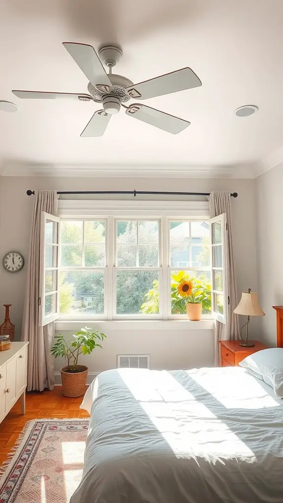 27 Stylish Summer Bedroom Ideas to Refresh Your Space 9 A bright, ventilated bedroom featuring open windows, a ceiling fan, and potted plants.