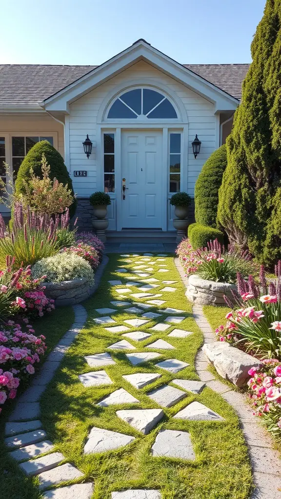 A charming stone pathway leading to a front door, bordered by colorful flowers and greenery.