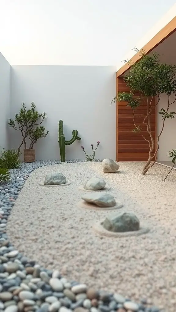 A small Zen garden corner featuring smooth pebbles, a cactus, and a few rocks in a minimalist setting.