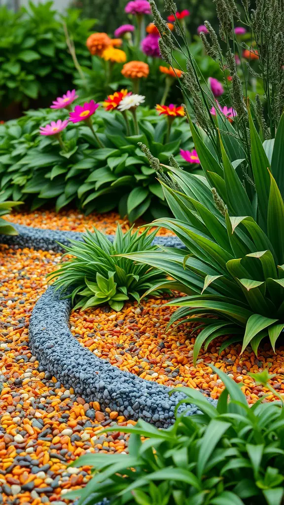 19 Creative Gravel Border Ideas for Your Garden 12 A garden with a winding gravel border featuring orange and gray pebbles, surrounded by lush green plants and colorful flowers.