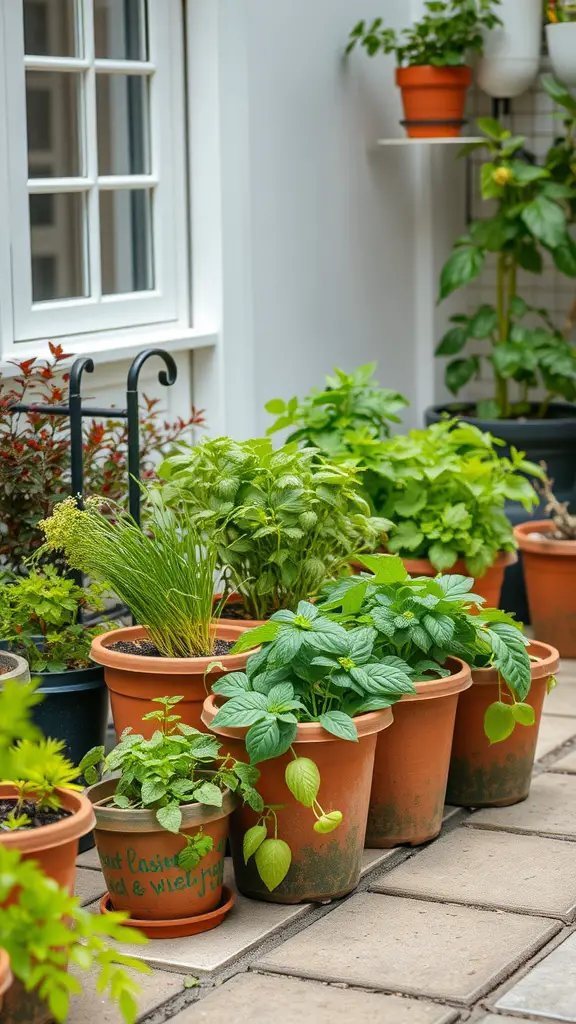 A small patio garden with various pots of herbs including mint, chives, and basil