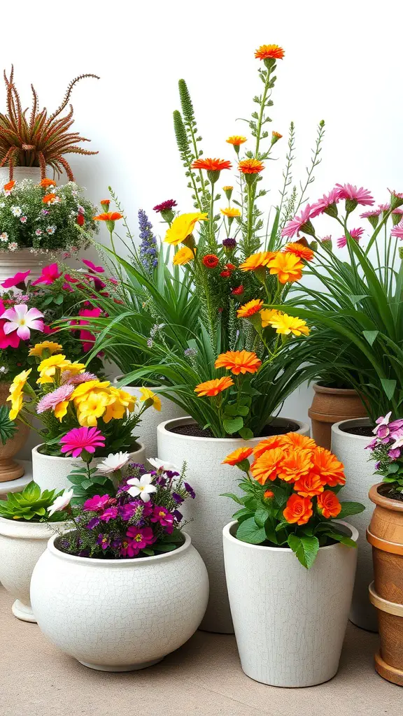 A collection of hypertufa planters filled with colorful flowers and greenery.