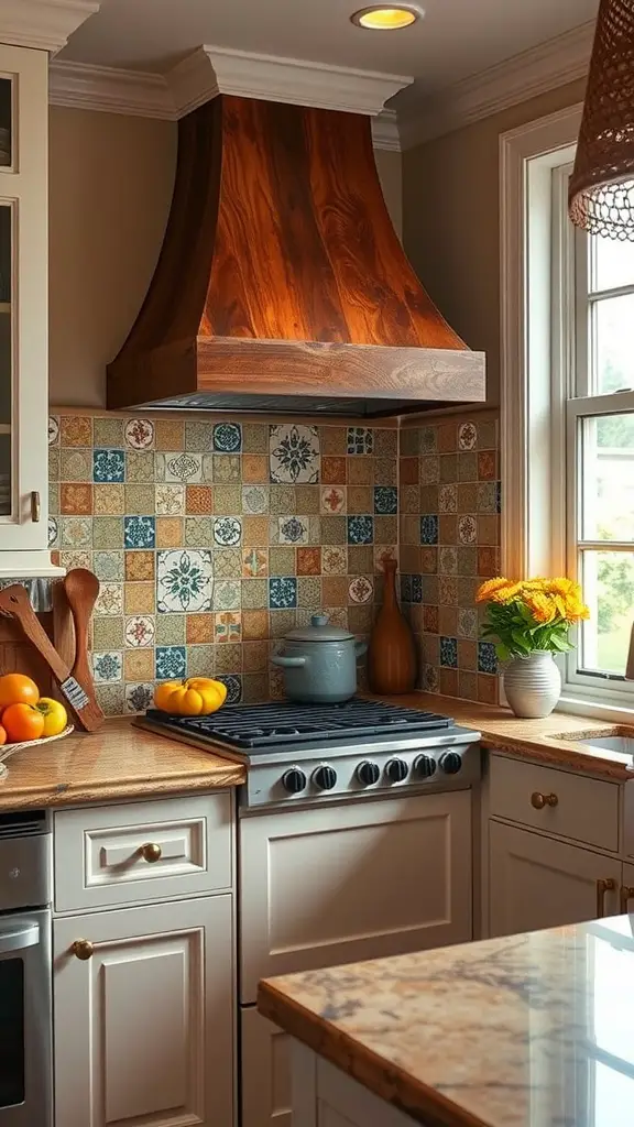 27 Cozy Kitchen Ideas to Warm Up Your Space 9 A cozy kitchen with a colorful tiled backsplash and a wooden range hood.