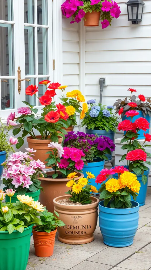 A colorful display of various flowering plants in pots on a small patio.