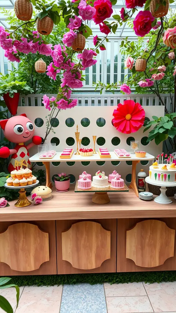 A creative dessert bar display featuring colorful cakes and flowers in a garden setting.