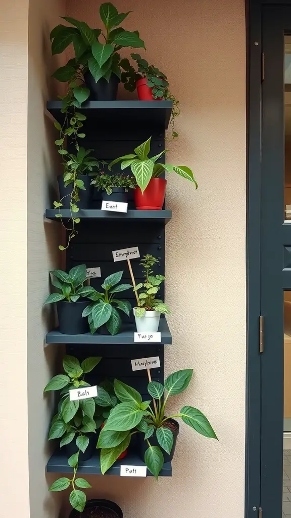 Vertical display of mother’s tongue plants on shelves with labeled pots in an entryway.